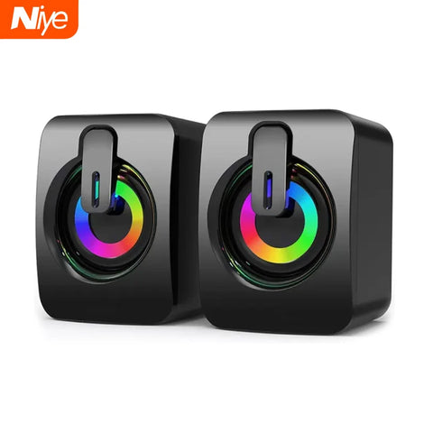 Compact black computer speakers with LED light rings, USB wired HIFI stereo sound box for desktop PC setup.
