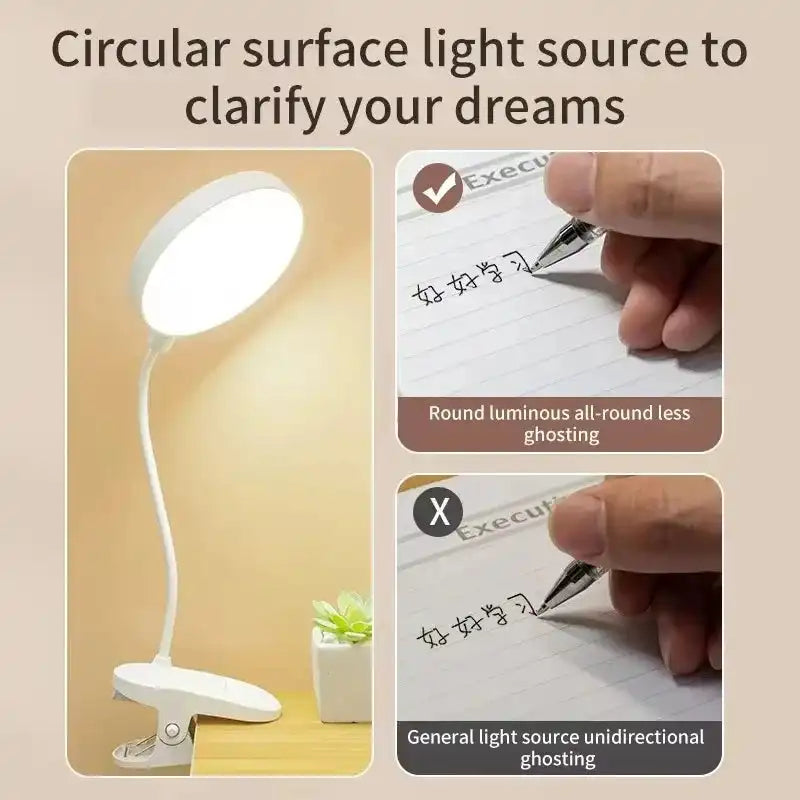 LED clip-on desk lamp with flexible neck and white base for study or reading