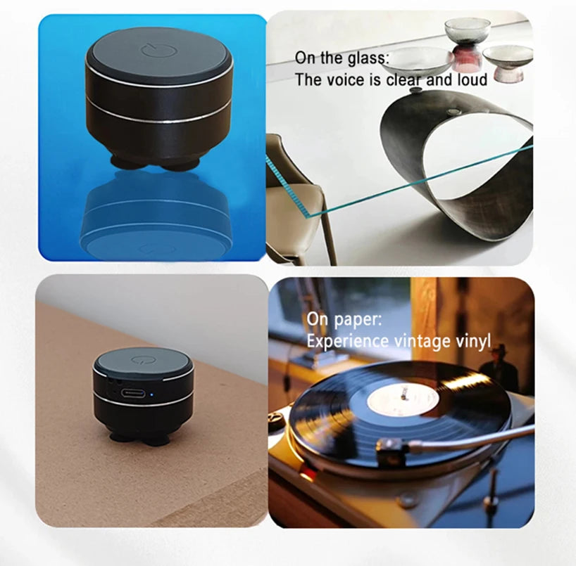 Bone conduction speaker demonstrating sound clarity on glass and vintage vinyl effect on paper, highlighting resonance versatility.